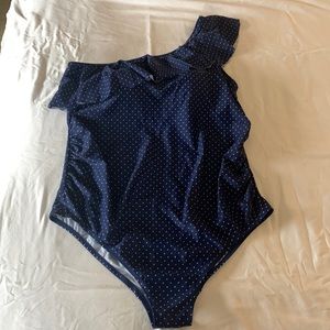 Motherhood Maternity One Shoulder Navy Blue and White Dot Swimsuit - Size Large